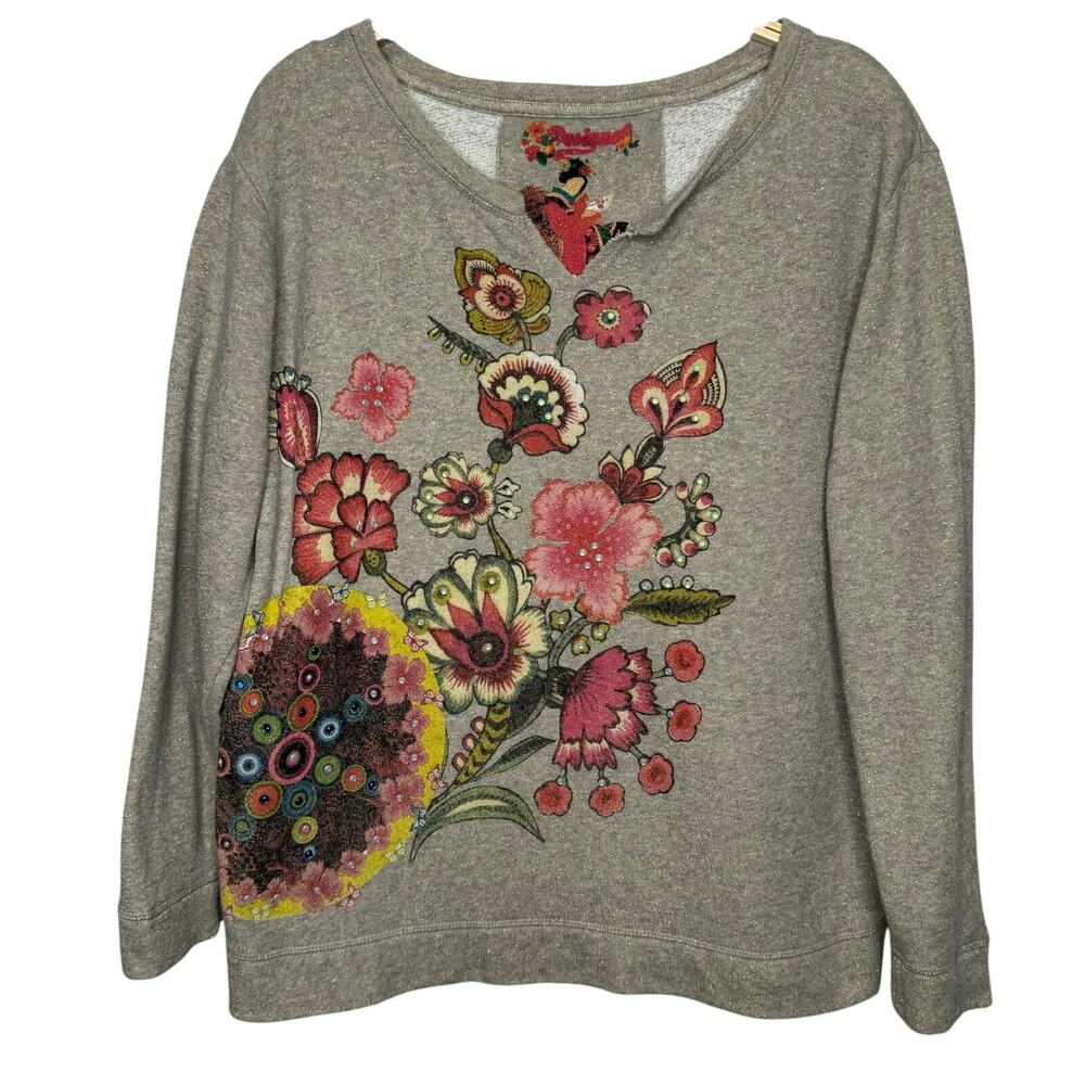 Desigual Long Sleeve Sweatshirt Women Size Large Gold Metallic Floral Artsy Cute